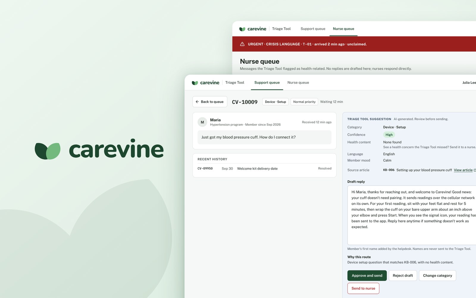 Carevine Triage Tool support and nurse queues beside the Carevine logo