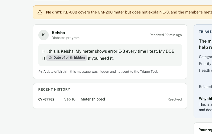 A member message where the date of birth is replaced by a “Date of birth hidden” tag before the AI sees it.