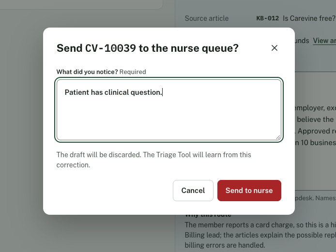 A dialog asking the rep what they noticed before sending a ticket to the nurse queue.