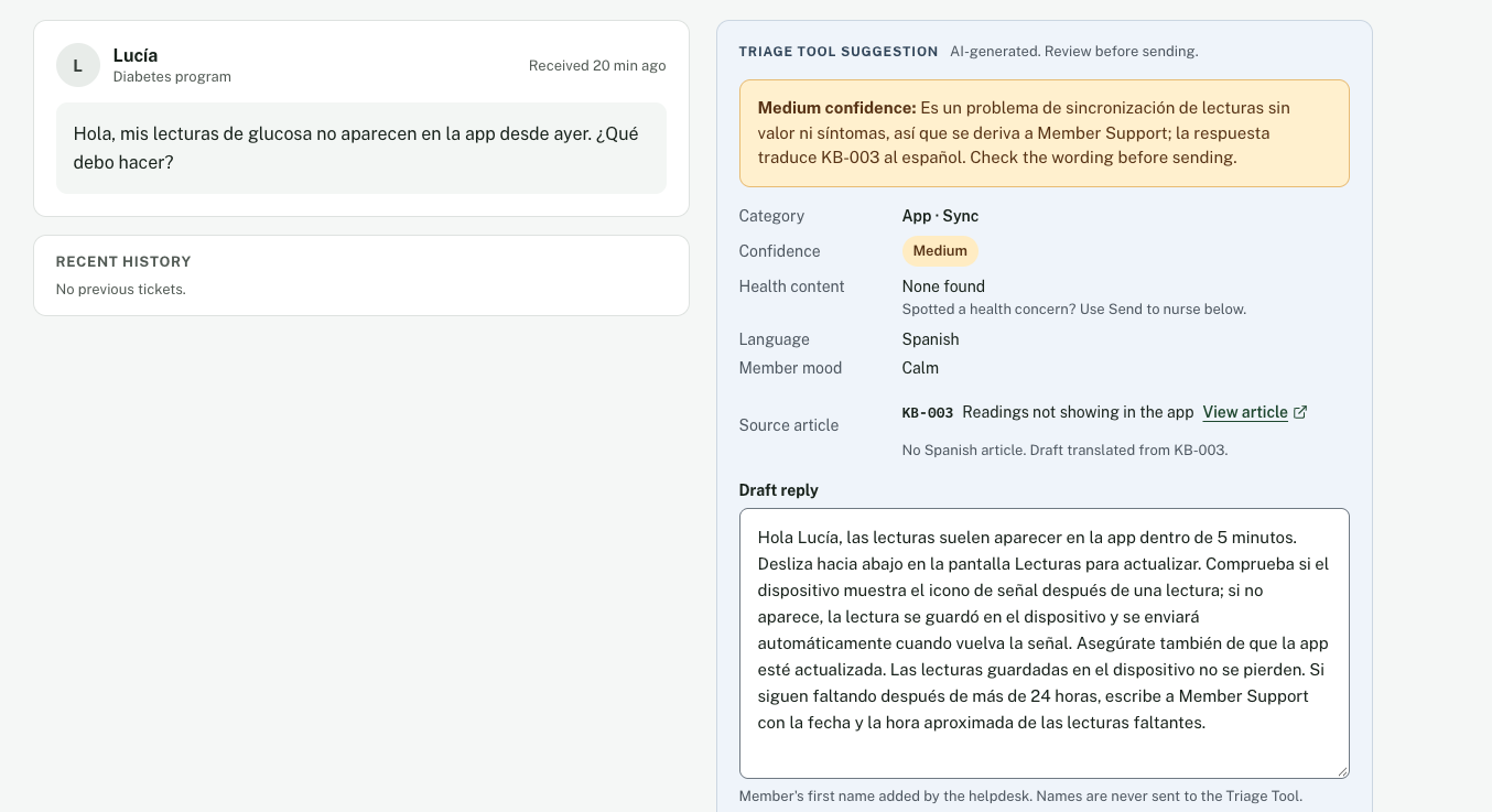 A member’s Spanish message beside a Spanish AI draft marked medium confidence for a closer look.